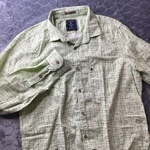 Turtle Button Front Shirt Mens 42 Green Slim Fit Cotton Linen Grid Long Sleeve